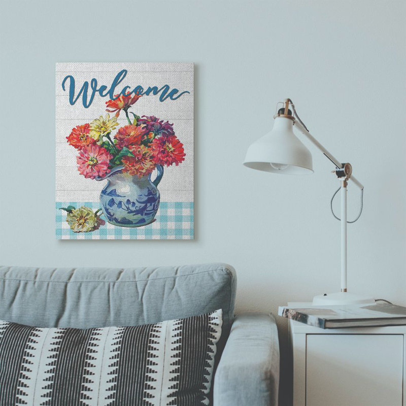 « welcome fleur pot blue écossais rustique », impression, Toile tendue, H 24 po x l 30 po