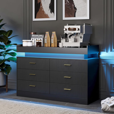 Fluted TV Stand Cabinet with LED Lights & Charging Station, Coffee Bar Cabinet Floating Countertop, Modern Sideboard Buffet 6 Drawers for Home, Living Room