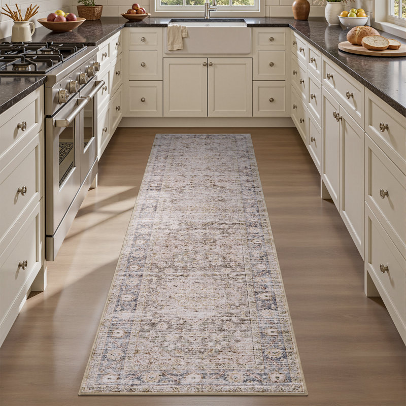 Soft Distressed Oriental Taupe Hallway Runner Rug, Machine Washable, Runner 2' x 8'