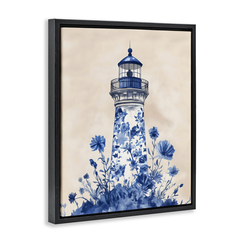 Cadre flottant bleu avec phare floral, design par Arlington Prints, H 21 po x l 17 po, Cadre flottant noir de jais