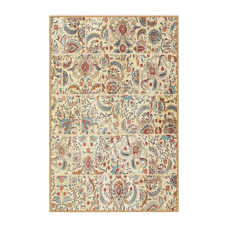 Tapis traditionnel beige / bleu / rouge, Rectangle 8 pi x 12 pi