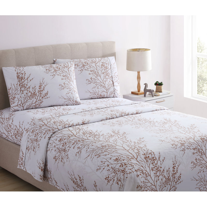 Microfiber Floral Sheet Set, Queen Sheet Set + 1 Fitted Sheet + 2 Pillowcases, White/Taupe