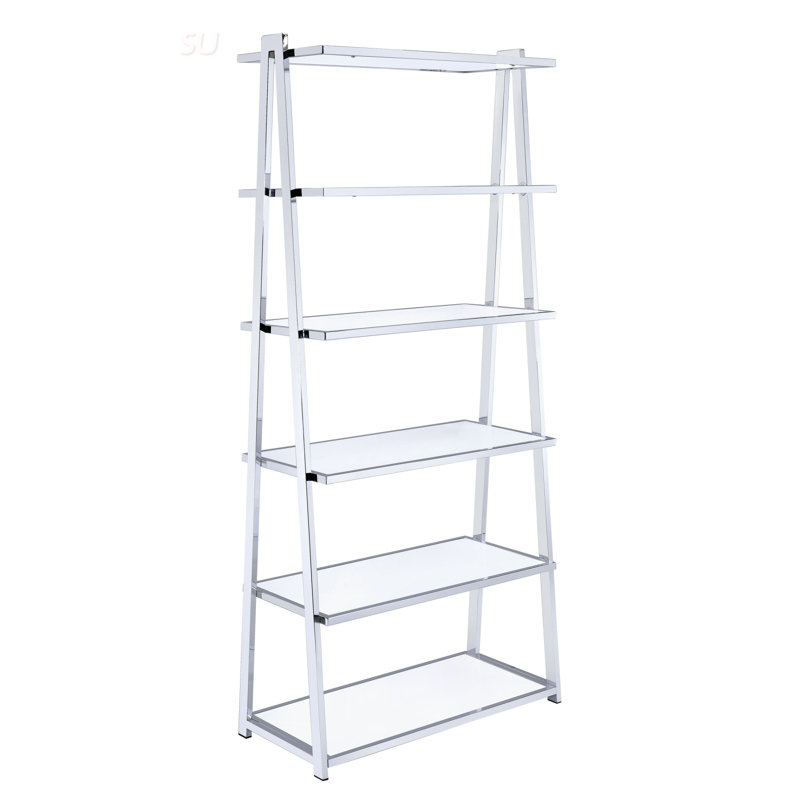 Bibliothèque moderne en chrome avec 6 tablettes ultrabrillantes pour un rangement élégant et fonctionnel dans n'importe quelle pièce