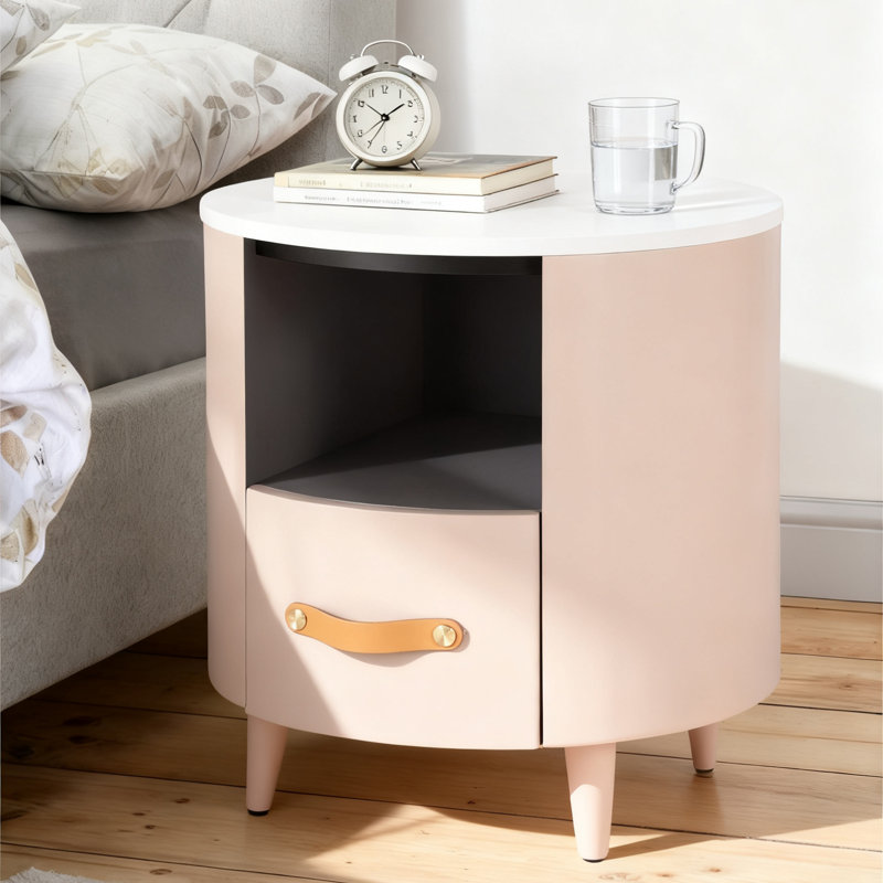 Table de chevet ronde moderne minimaliste avec tiroir, rangement ouvert et conception anti-basculement pour chambre à coucher, salon