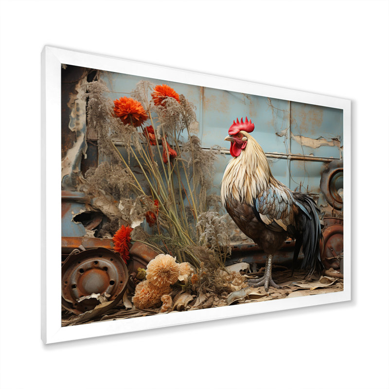 Poulet Barnyard Serenade - Reproduction d'art mural animaux, H 34 po x l 44 po x P 1,5 po, Cadre simple blanc