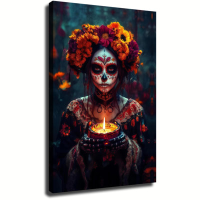 Décoration murale Jour des Morts, Femme Tête de Mort en Sucre, Peinture Murale Crâne Mexicain, Œuvre d'Art Dia De Los Muertos pour le Salon