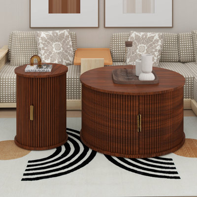 Ensemble de 2 tables basses rondes avec porte tambour ronde Mid-Century