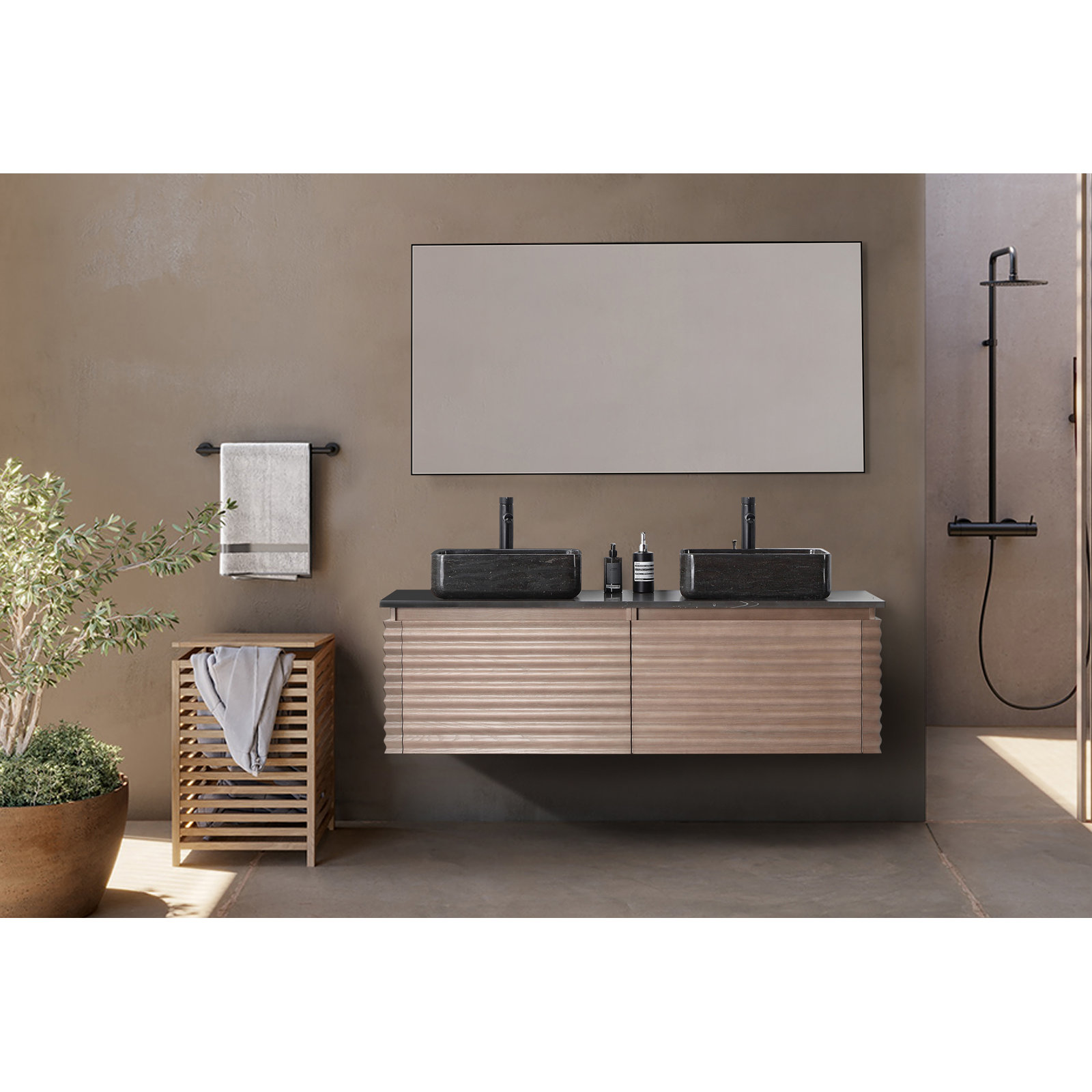 Jasmine 60'' Natural Oak Veneer Plywood Double Bathroom Vanity with Engineered Quartz Top, Chestnut