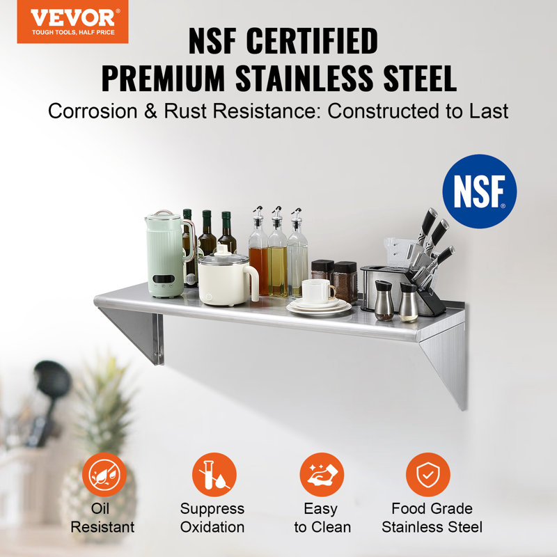 14" x 48" Stainless Steel Wall Mounted Kitchen Shelf