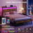 Bed Frame With Charging Station, Storage Headboard And Led Lights, Industrial Platform Bed With Metal Slats-524885027-521136084