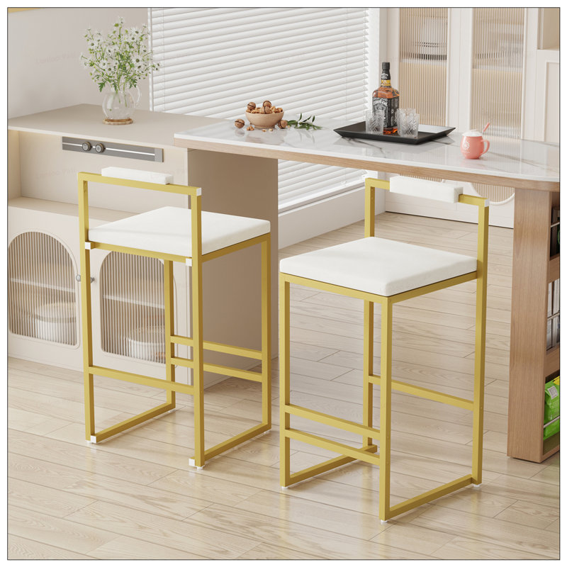 2PCS Velvet Bar Stools With Gold Metal Legs, White, Gold