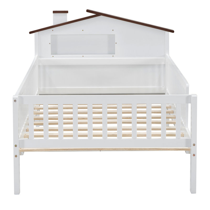  Lit plateforme avec tête de lit en forme de maison, DEL et rangement intégré, Lit simple, Blanc