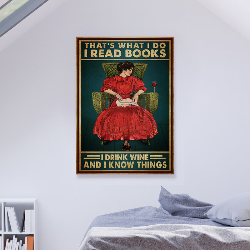 «Red Girl With Books And Red Wine - I Read Books I Drink Wine», reproduction d'art graphique sur toile tendue