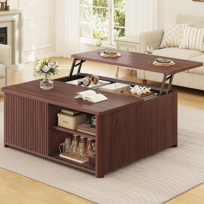 Lift Top Coffee Table with Hidden Storage, 31.5" Square Fluted Coffee Table with Adjustable Shelves for Living Room, Walnut
