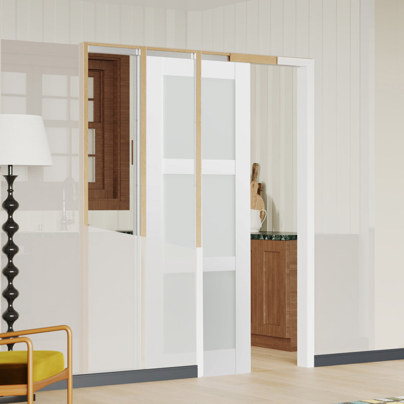 Ensemble de cadre de porte à gousset pour murs à montants 2 x 4 - Système de quincaillerie coulissante à fermeture en douceur avec porte en verre givré blanc 3-Lite incluse