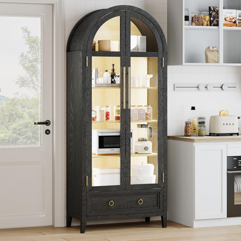 Book Shelf With LED Lights, Arched Display Case With Storage Cabinet, Smart Pantry Cabinet With Glass Door, Bookcase, Toy Organizer With Solid Wood Legs For Livng Room/Bedroom Furnniture-Black