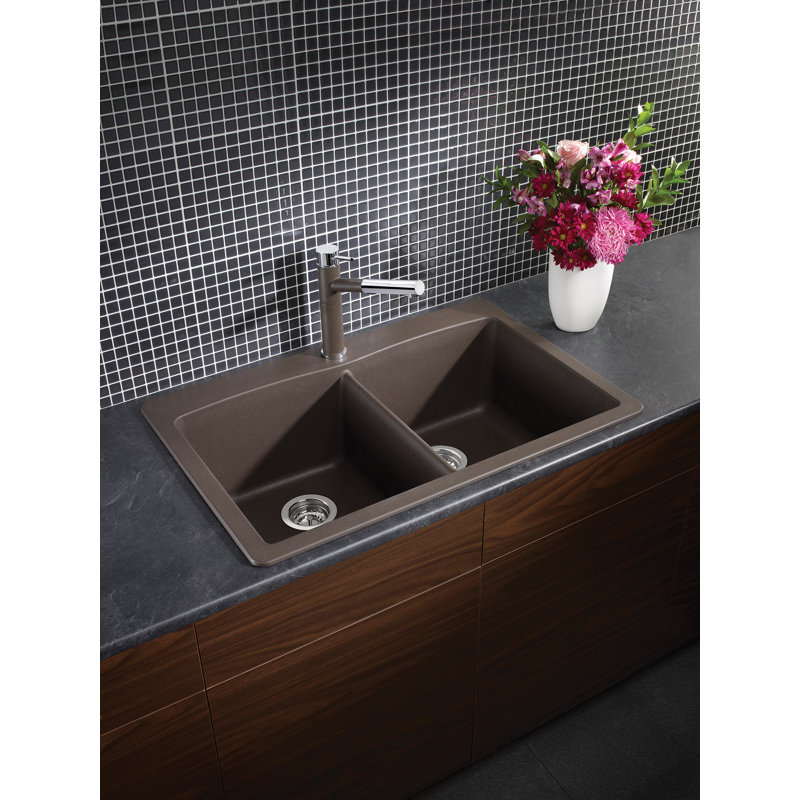 Diamond SILGRANIT 33" L x 22" W Double Bowl Drop-In/Undermount Kitchen Sink, Volcano Gray