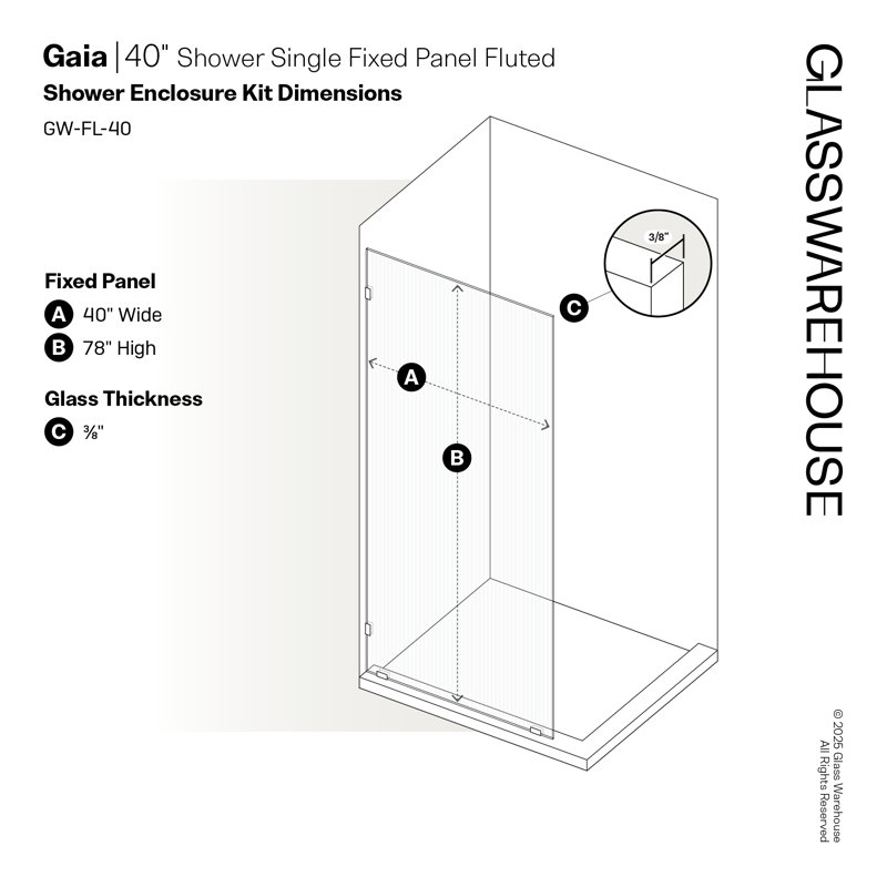 Gaia 40 in. x 78 in. Frameless Fluted Single Fixed Shower Panel, Satin Brass