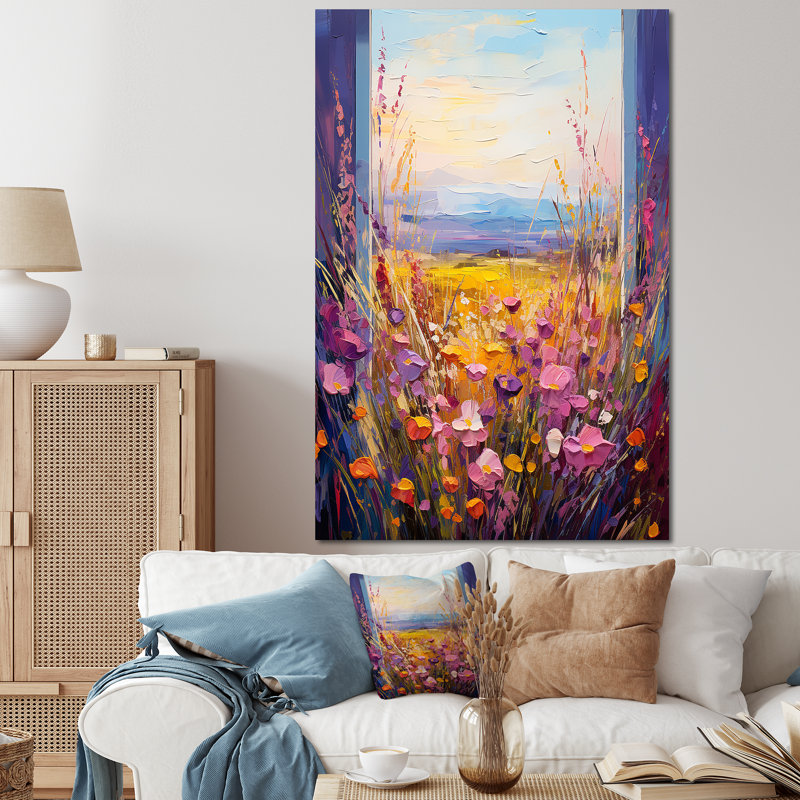Rose et jaune, fenêtres florales, vue brise III - prairie, art mural, Toile tendue, 60" H x 28" W