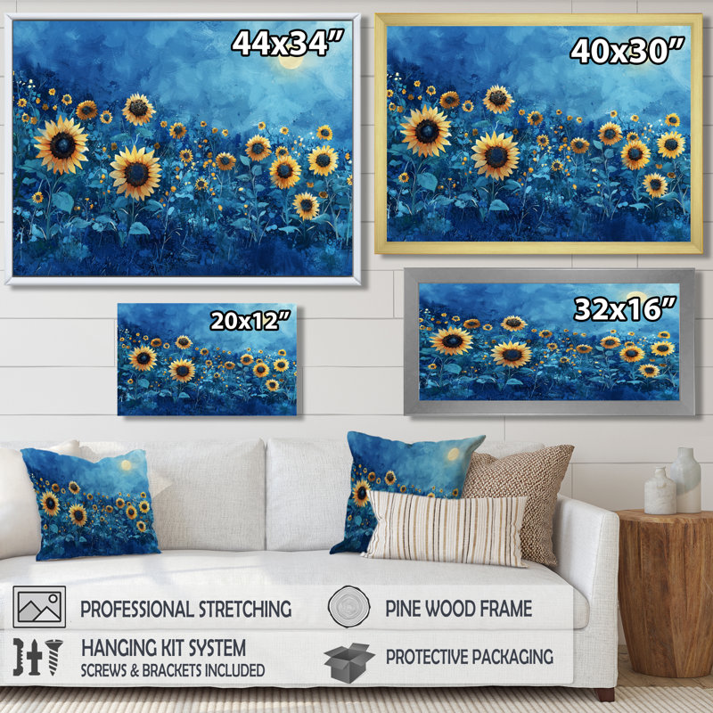 Donnas Midnight Sunflowers par Vincent III - Art mural tournesols, Argent argent, H 30 po x l 40 po, Floater Framed