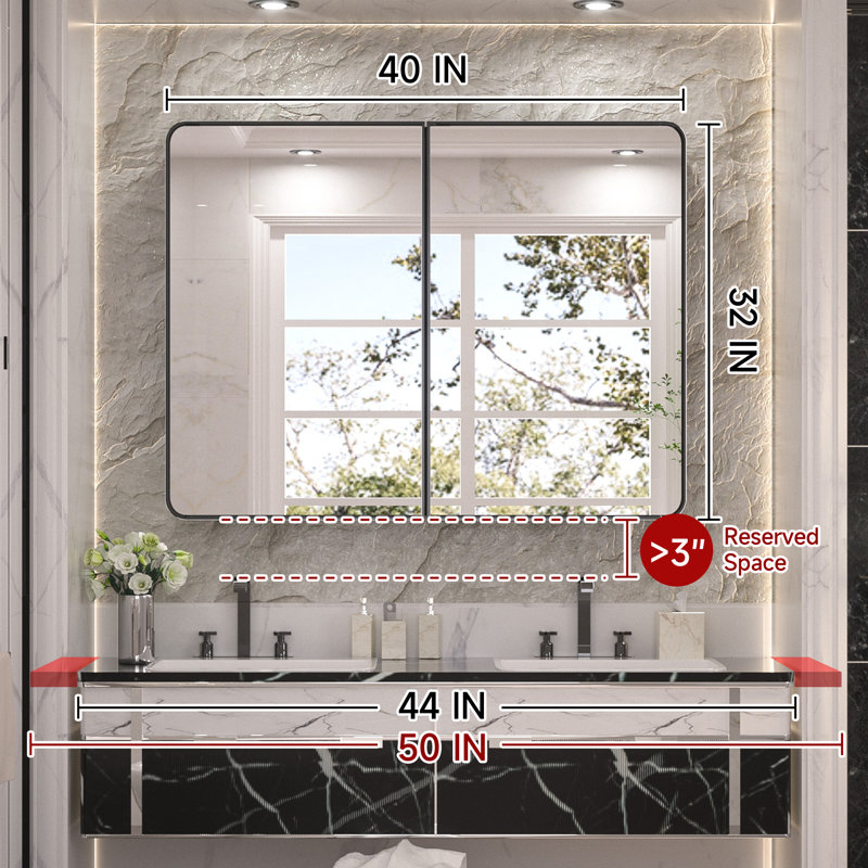 Gervon Rectangle Recessed Medicine Cabinet with Adjustable Shelves, 32" H x 40" W x 5" D, Black