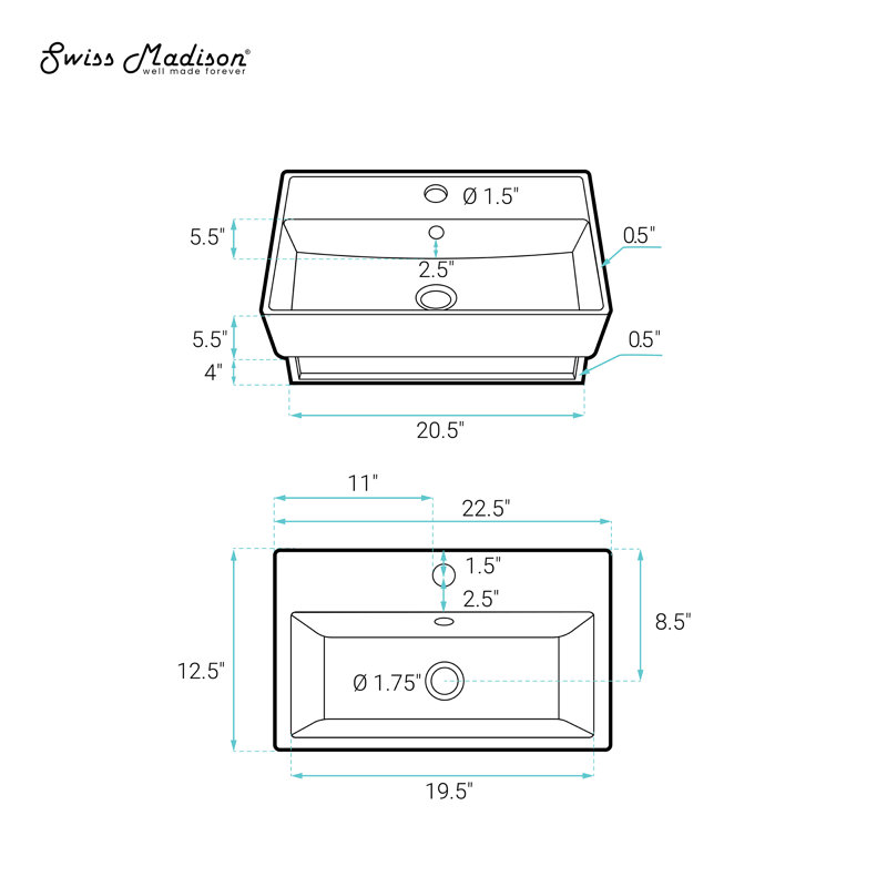Claire Ceramic Rectangular Wall Mount Bathroom Sink with Overflow, Matt Black
