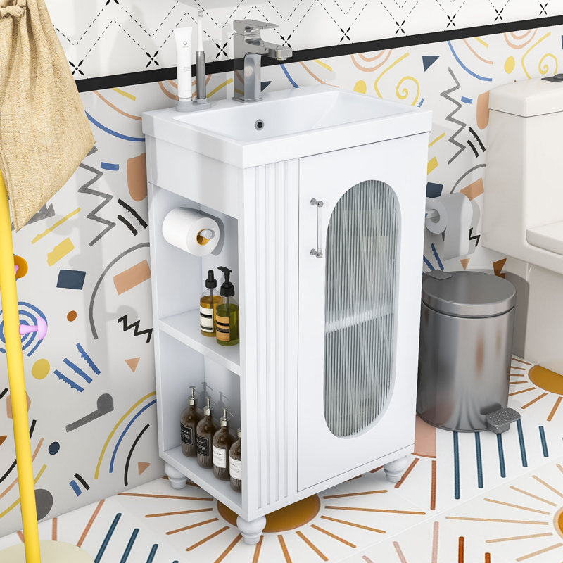 Meuble-lavabo autoportant de 20 po avec lavabo en céramique, tablettes de rangement à deux niveaux et armoire de porte en verre