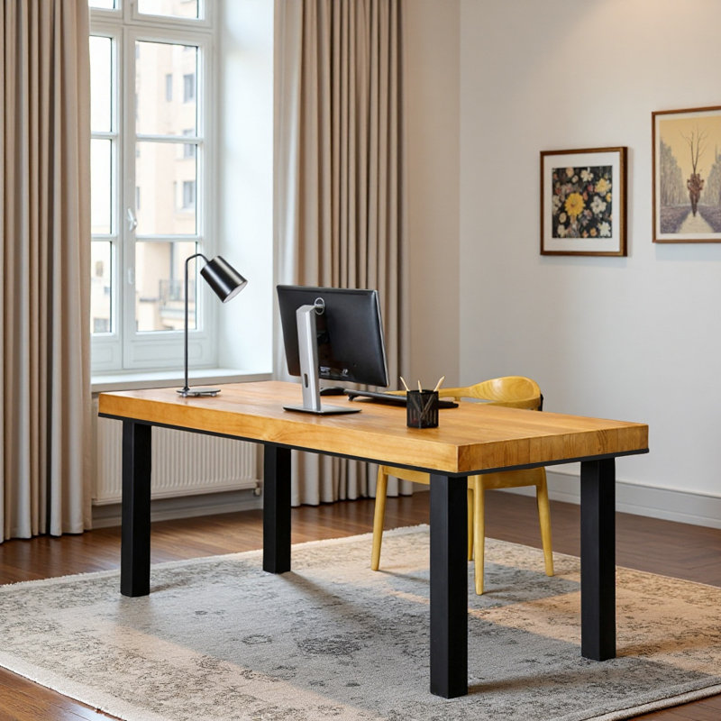 Solid Wood + Iron Legs Rectangular Desk, 29.53" H x 62.99" W x 27.56" D 