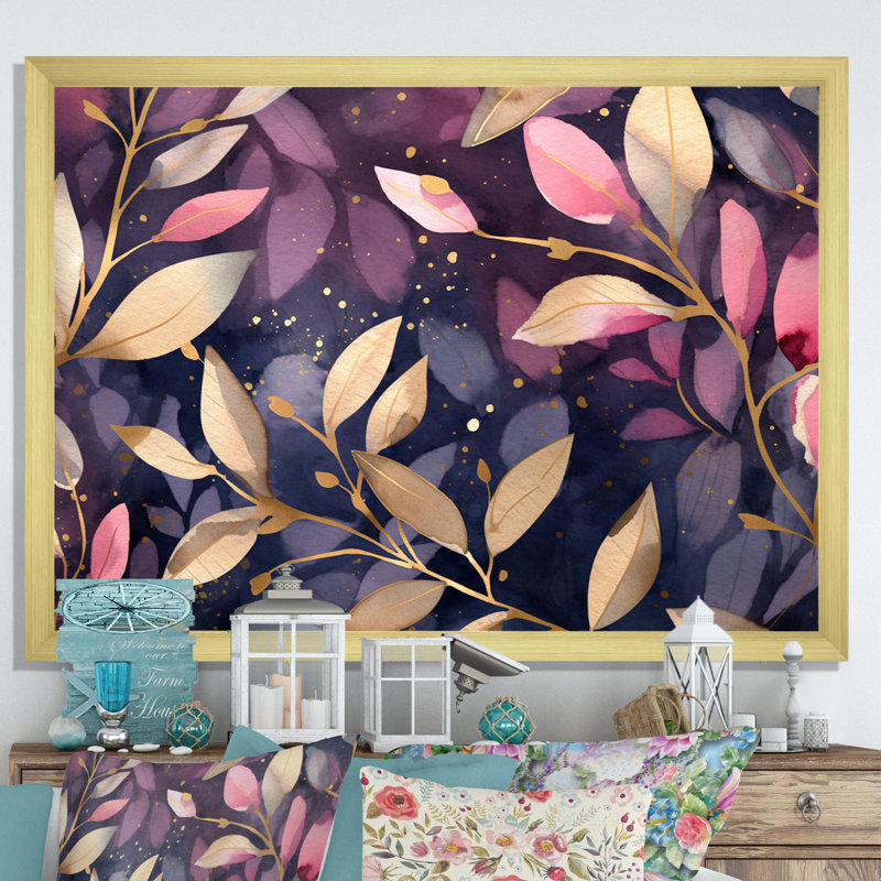 «Purple Gold Leafs Harmony» sur toile, H 34 po x l 44 po x P 1,5 po, Encadrement doré