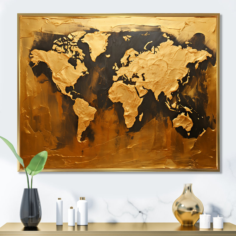 Carte du monde noire et dorée, impression sur toile, Cadre flottant doré, H 24 po x l 32 po x P 1 po
