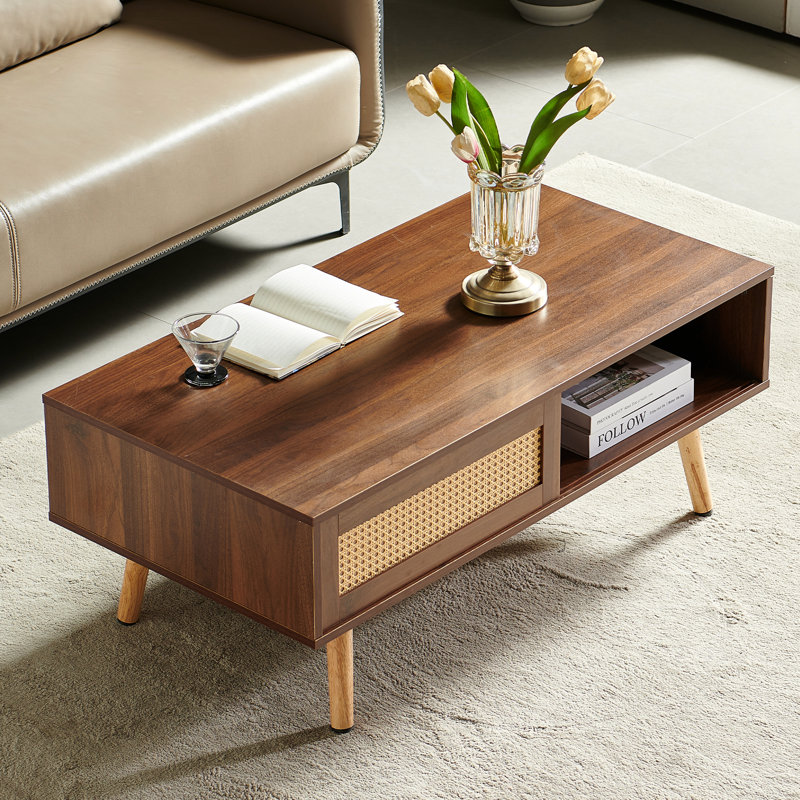 Walnut Color Pe Coffee Table With Sliding Door For Storage, Solid Wood Legs, Modern Aesthetic, 41.41"L X 21.38"W 16.02H, 220Lbs Load - Bearing, Simple Assembly Table, Color, Structure, Capacity,