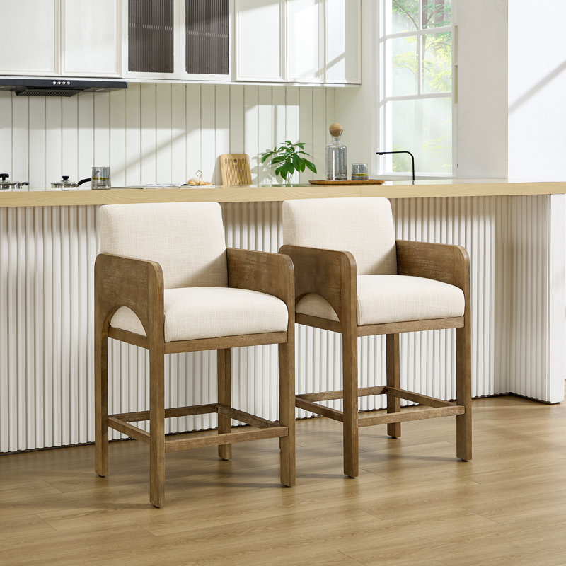 Upholstered Seat Counter Stool With Solid Wood Frame, Arch-Shaped Arm Bar Height Counter Stool For Kitchen/Dining Room/Restaurant