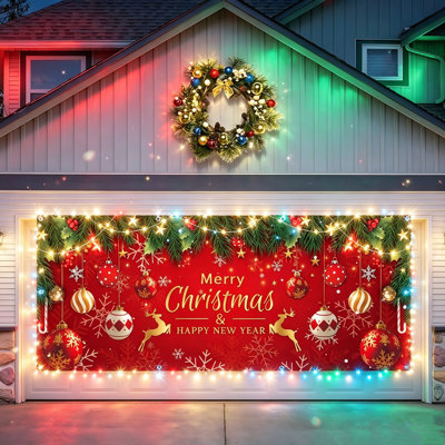 Christmas Garage Door Cover Banner, Red Festival Large Hanging Backdrop Door Banner, Merry Christmas Happy New Year Xmas Garage Wall Decorations For Holiday Party Décor, 7X16 FT