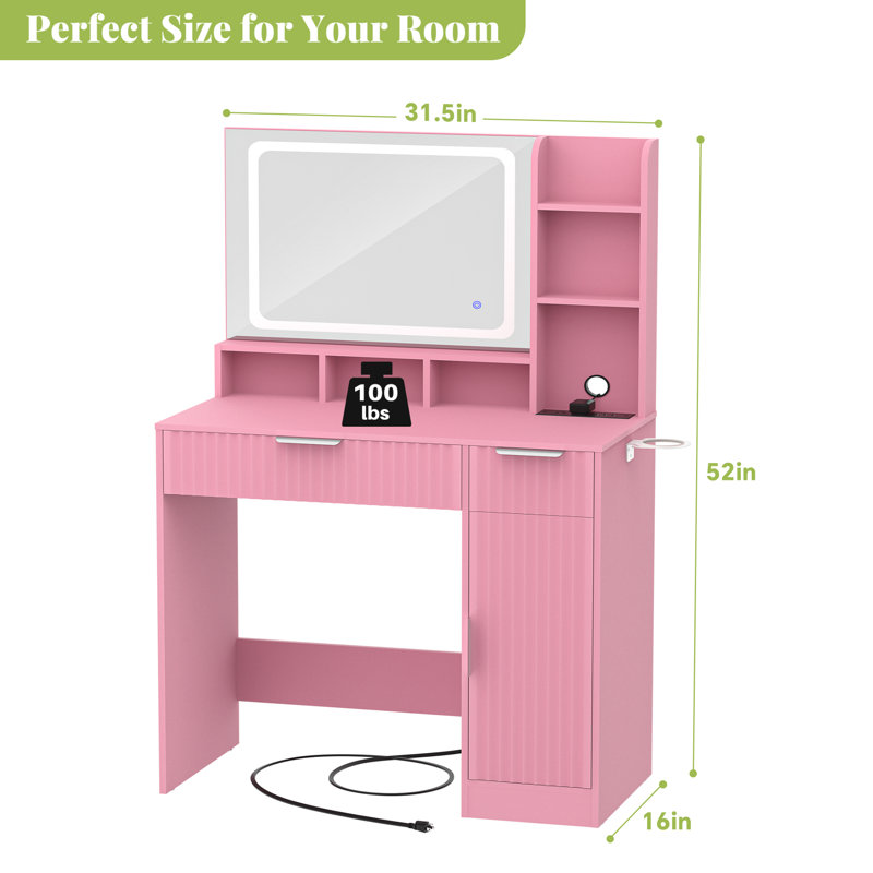  Bureau de maquillage avec miroir, lumières et station de charge, Rose