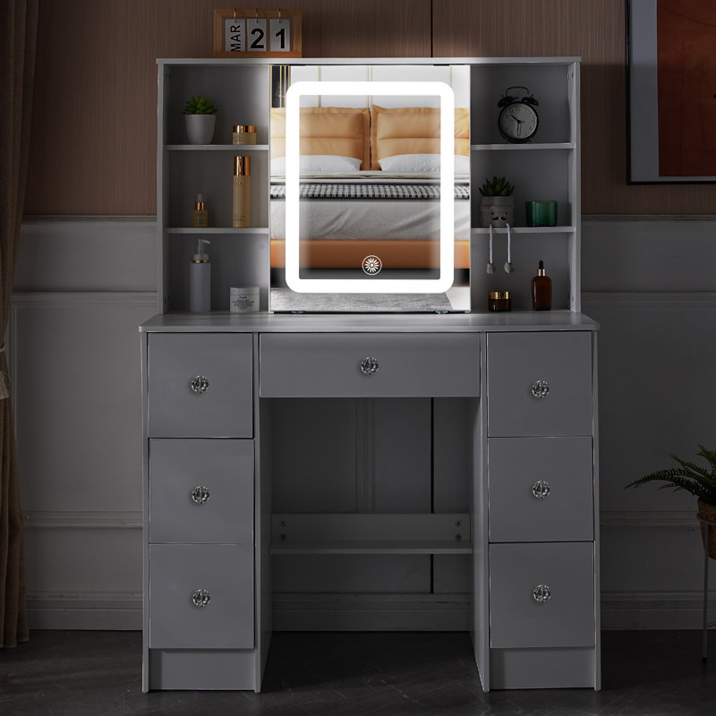 Bureau de coiffeuse avec miroir coulissant 3 tables de maquillage réglables à luminosité blanche avec tiroirs et tablettes pour femmes