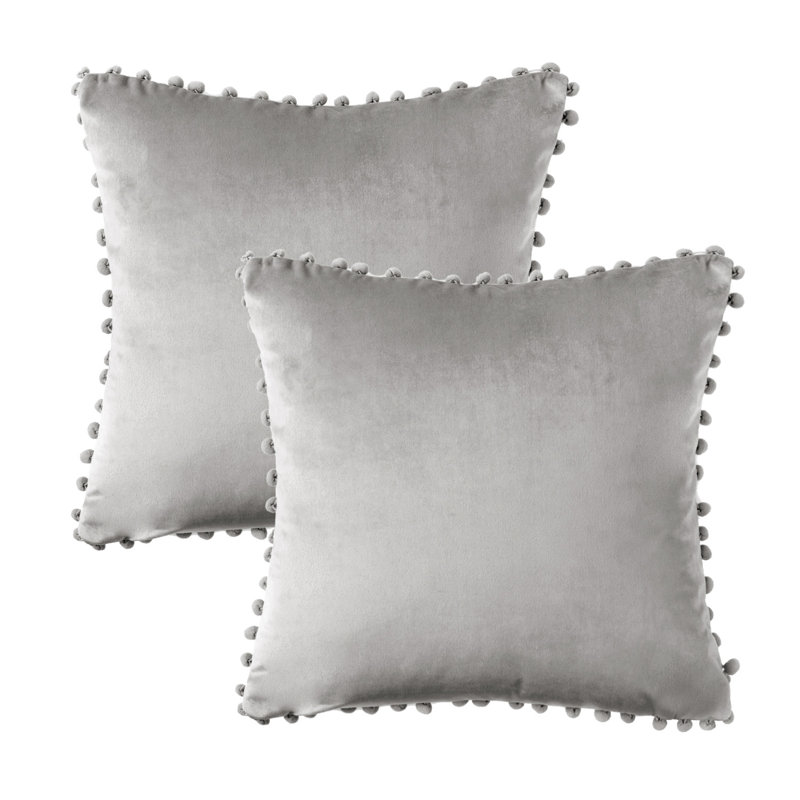 Coussin Silky Velvet Series Pom-poms, Gris, Housse de coussin et insert, Carré 20 po