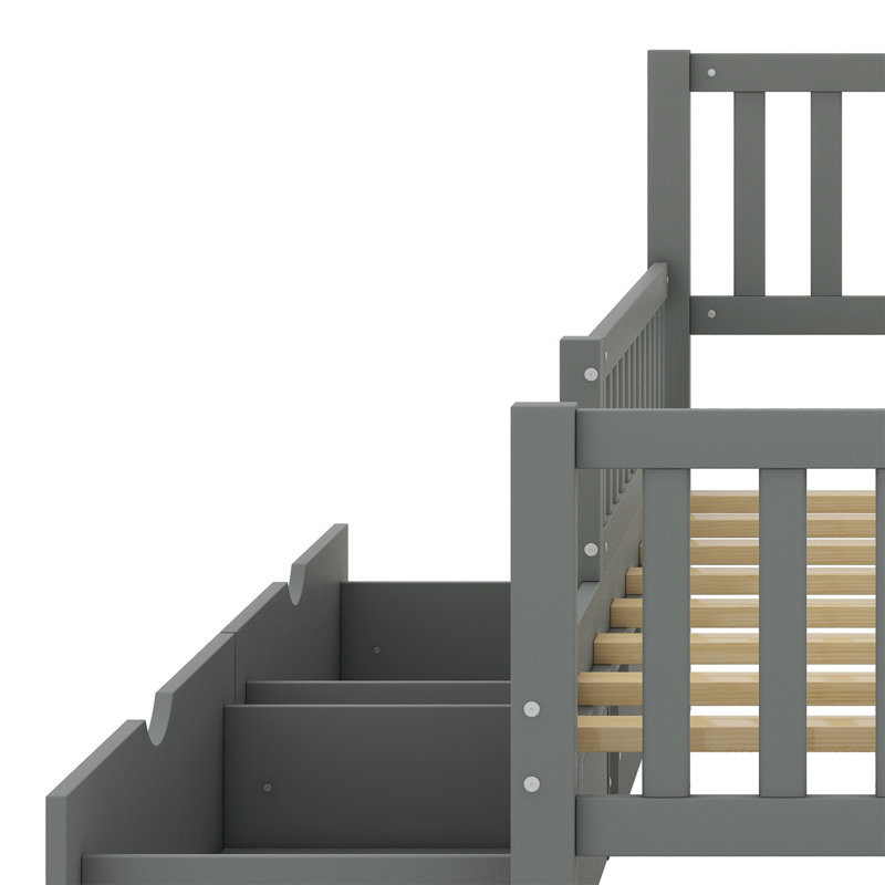Platform Bed With Guardrails On Both Sides And Two Storage Drawers, Grey, Twin