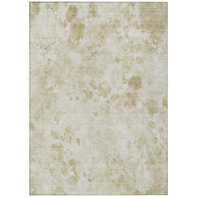 10' X 14' Khaki Beige And Tan Floral Washable Indoor Outdoor Area Rug