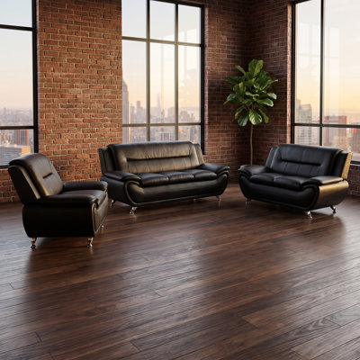 3-Piece Modern Black Faux Leather Sofa Set