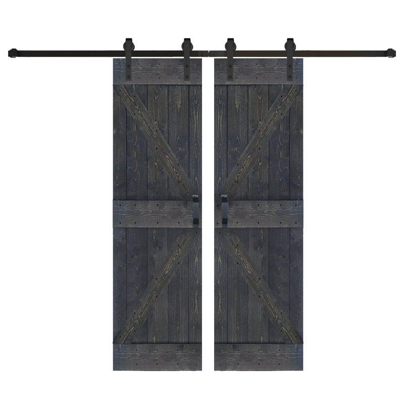 Porte de grange coulissante double en bois massif de style K avec ensemble de quincaillerie - Assemblage requis, Gris carbone