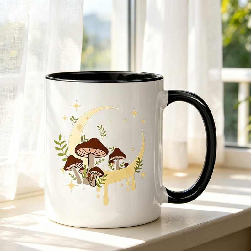 Mushroom Crescent Moon Ceramic Coffee Mug - Reusable, Insulated, Hand-Wash Only - Perfect for Coffee Lovers.