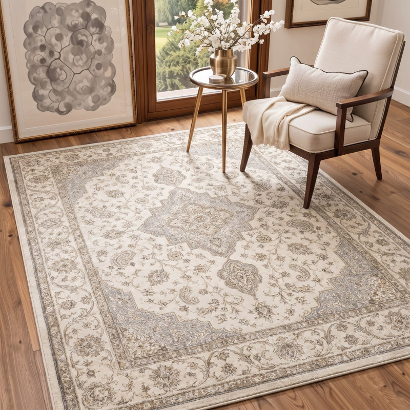 Tapis traditionnel ivoire / beige Performance à poils courts et antidérapant traditionnel, Rectangle 9' x 12'
