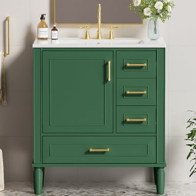 Meuble-lavabo de 30 po avec lavabo en céramique, porte à fermeture en douceur avec tablette intégrée, tiroir profond, tiroir standard, grand tiroir et armoire de rangement pour la salle de bain