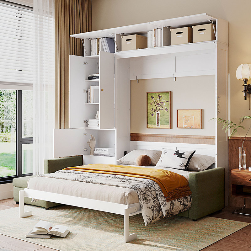 Grand lit escamotable mural avec canapé et tablettes de rangement - Grand lit pliant, beige, Beige