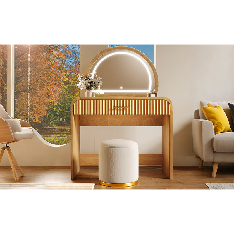 Table de coiffeuse avec miroir à écran tactile de 39 pouces de couleur naturelle, tiroir de rangement, bords arrondis, grande chambre avec taille, cosmétiques et double fonction