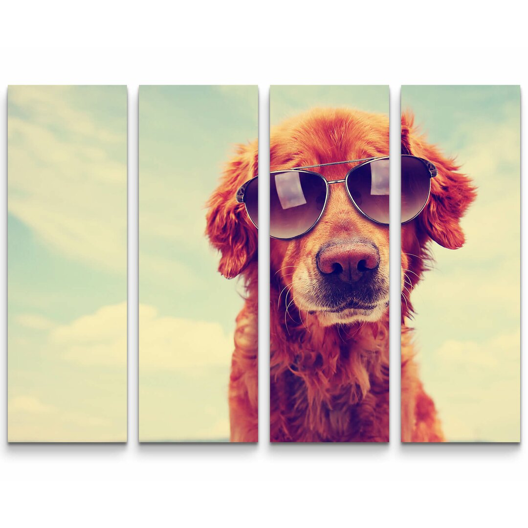 4-tlg. Leinwandbilder-Set Golden Retriever mit Sonnenbrille