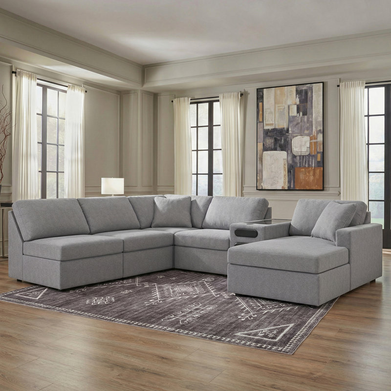 Canapé modulaire 6 pièces avec méridienne et console audio Braintree, Polyester gris