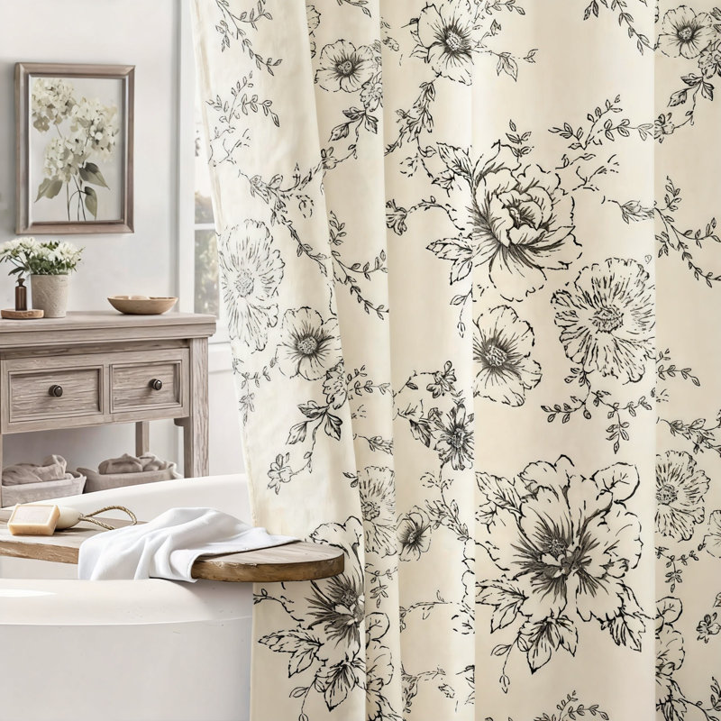 Rideau de douche Vintage, rideau de salle de bain en lin à motif printanier, 1 panneau (base taupe)