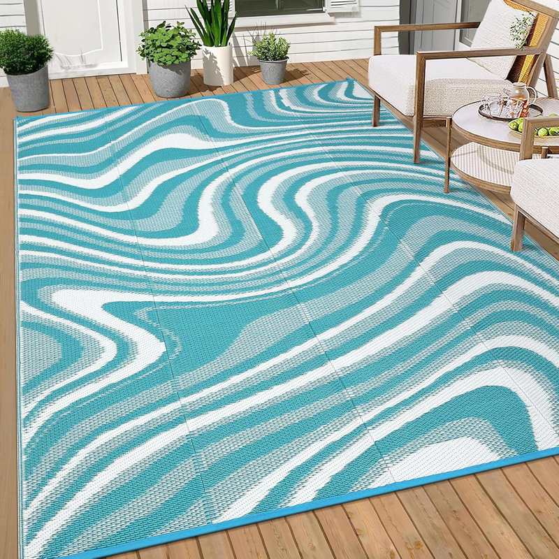 Large Modern Outdoor Rug 9X12 Patio Rugs Outdoor Waterproof Reversible Plastic Straw Camping Rug, Abstract Outside Rugs For Picnic Backyard Deck Balcony Porch Beach Trailer, Light Blue