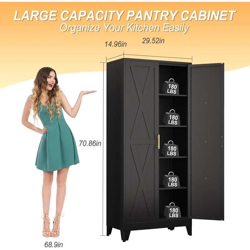 71" H Metal Kitchen Pantry Storage Cabinet, Freestanding Cupboard with 2 Doors and 4 Adjustable Shelves, Standing Storage for Kitchen, Bathroom, Garage, Dinning Room or Utility Room（Black）
